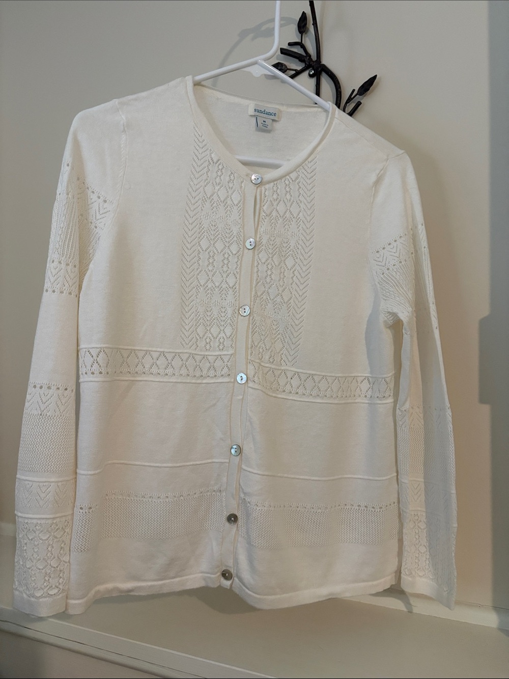 Sundance Cream Openwork Knit Button Cardigan